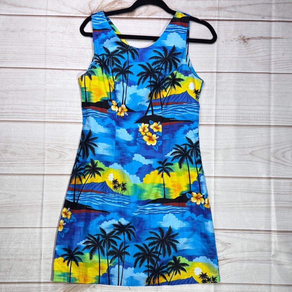 Aloha Republic Hawaii Dress Womens Medium Blue Tropical Palm Tree Cotton Shift